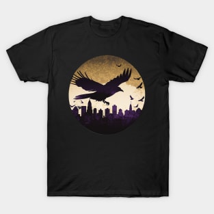 Raven over Baltimore Skyline T-Shirt: A Striking Cutout Tribute in Purple, Black, and Gold T-Shirt